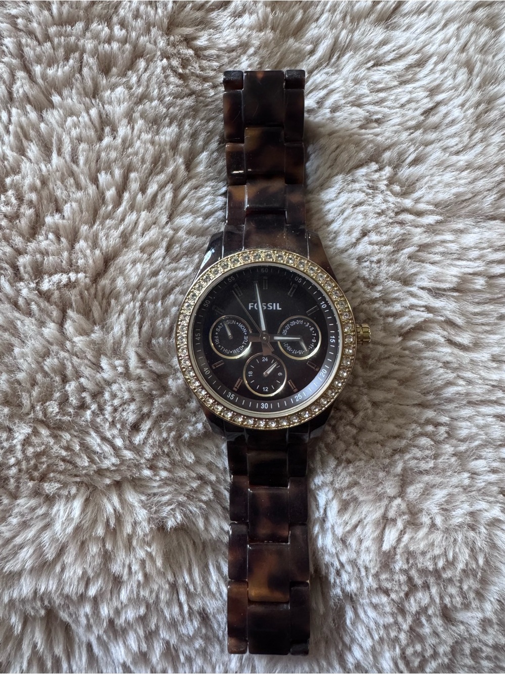 Fossil Brown Tortoise Resin Watch with Gold Crystal Bezel